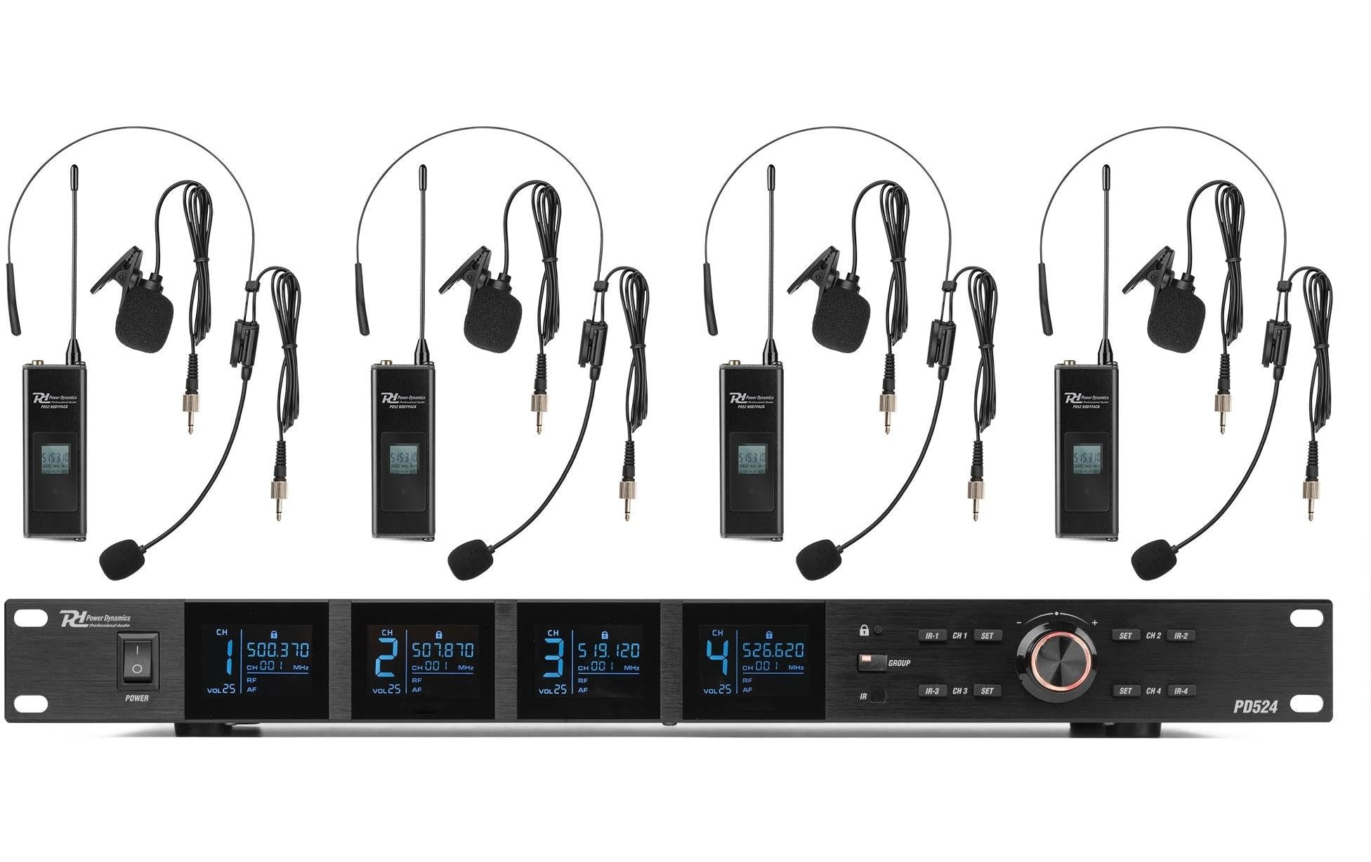 Power Dynamics PD524B Funkstrecke, 4x Bodypack, 100CH, Rack