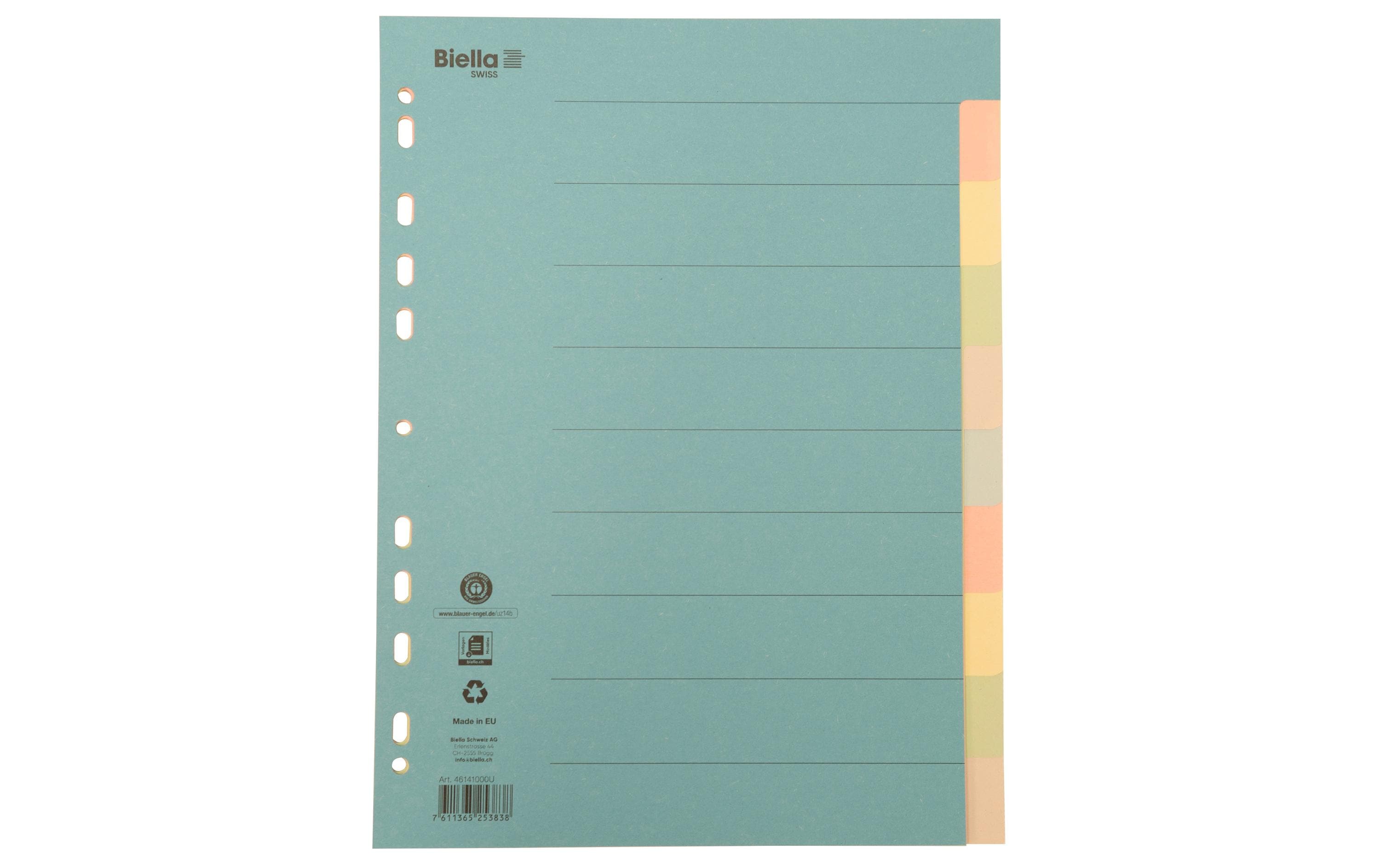 Biella Register Karton A4 10teilig, 4Loch blau,rosa,gelb,grün,grau, 1 Stück