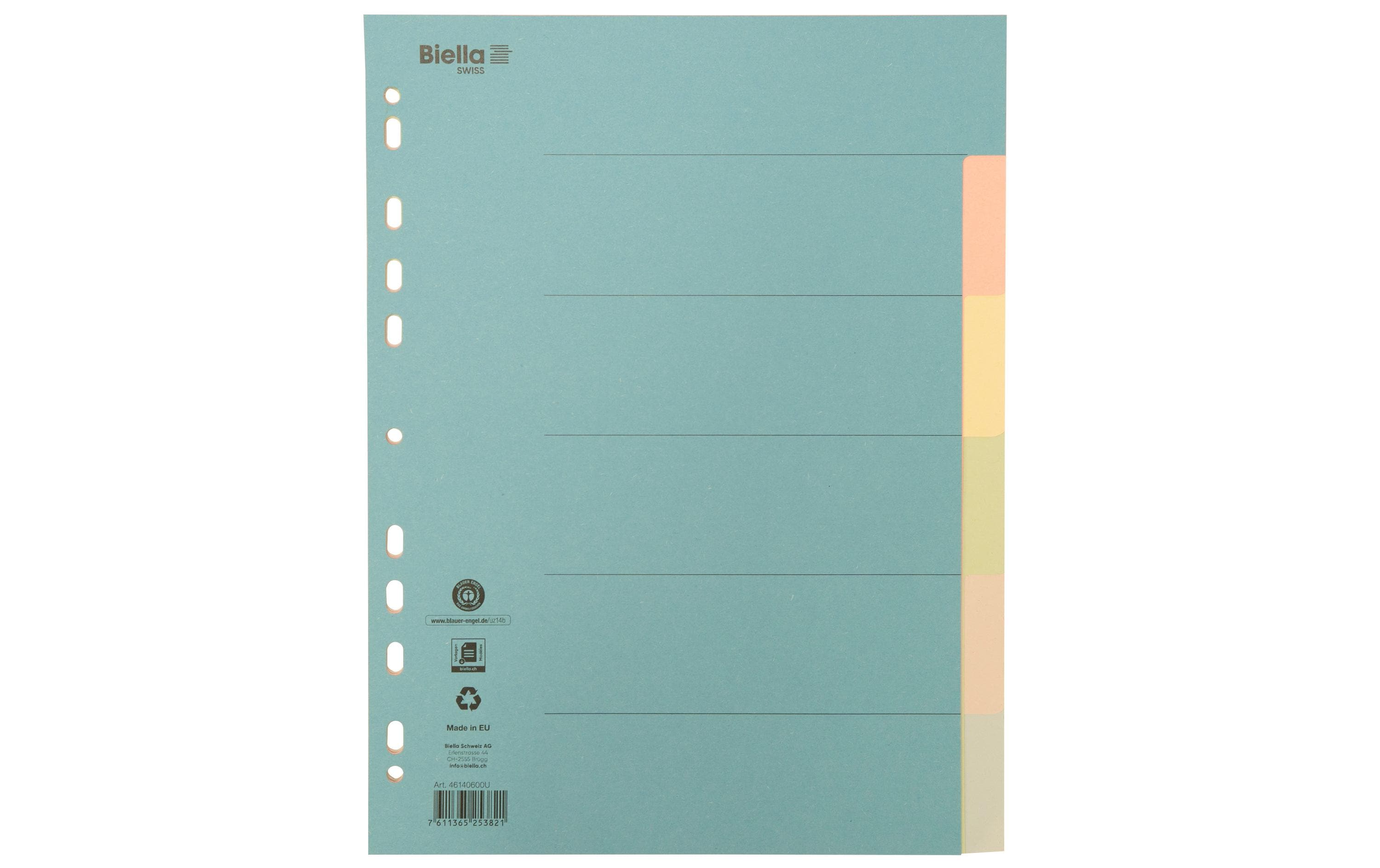Biella Register Karton A4 6teilig, 4Loch blau,rosa,gelb,grün,grau, 1 Stück