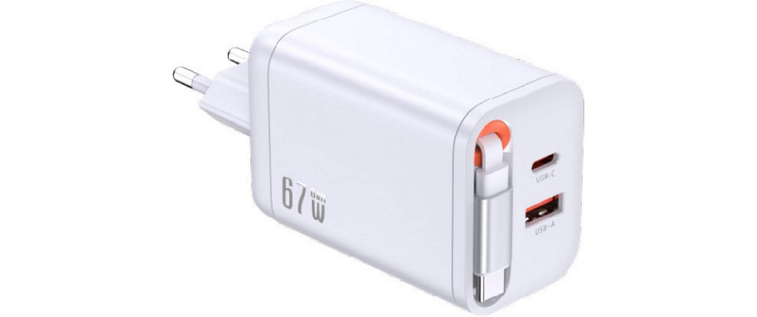 Schönenberger 67W GaN 2-Port Fast weiss integriertes 70cm USB-C Kabel