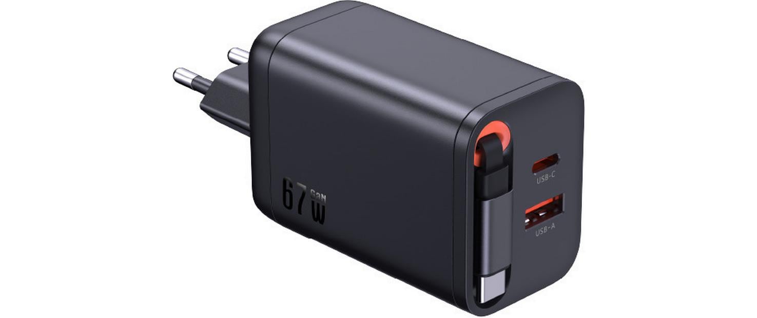 Schönenberger 67W GaN 2-Port Fast schwarz integriertes 70cm USB-C Kabel