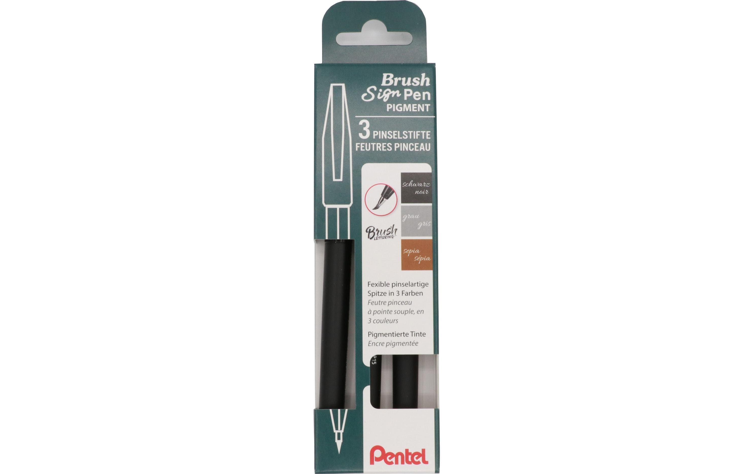 Pentel Brush Sign Pen Pigment mittel 3er Set, schwarz, grau, sepia