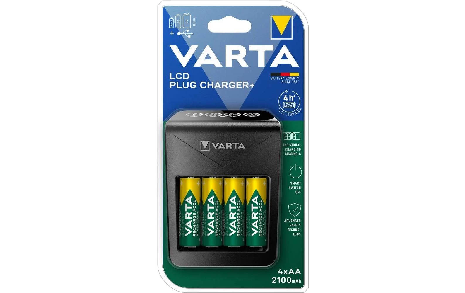 Varta LCD Plug Charger+ 4xAA R2U 2100mAh 4h Ladezeit, USB Ausgang