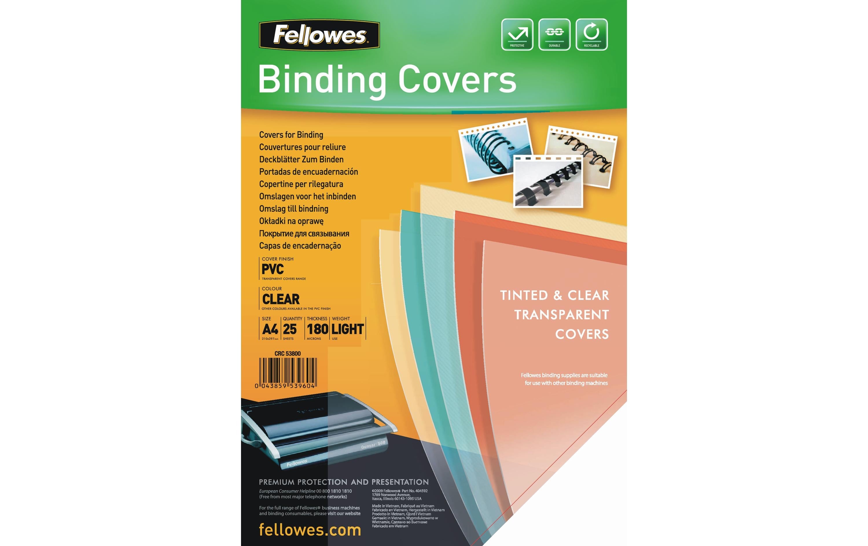 Fellowes Deckblatt Transparent,180 Micron 25 Stk., A4, recylkeltem PVC