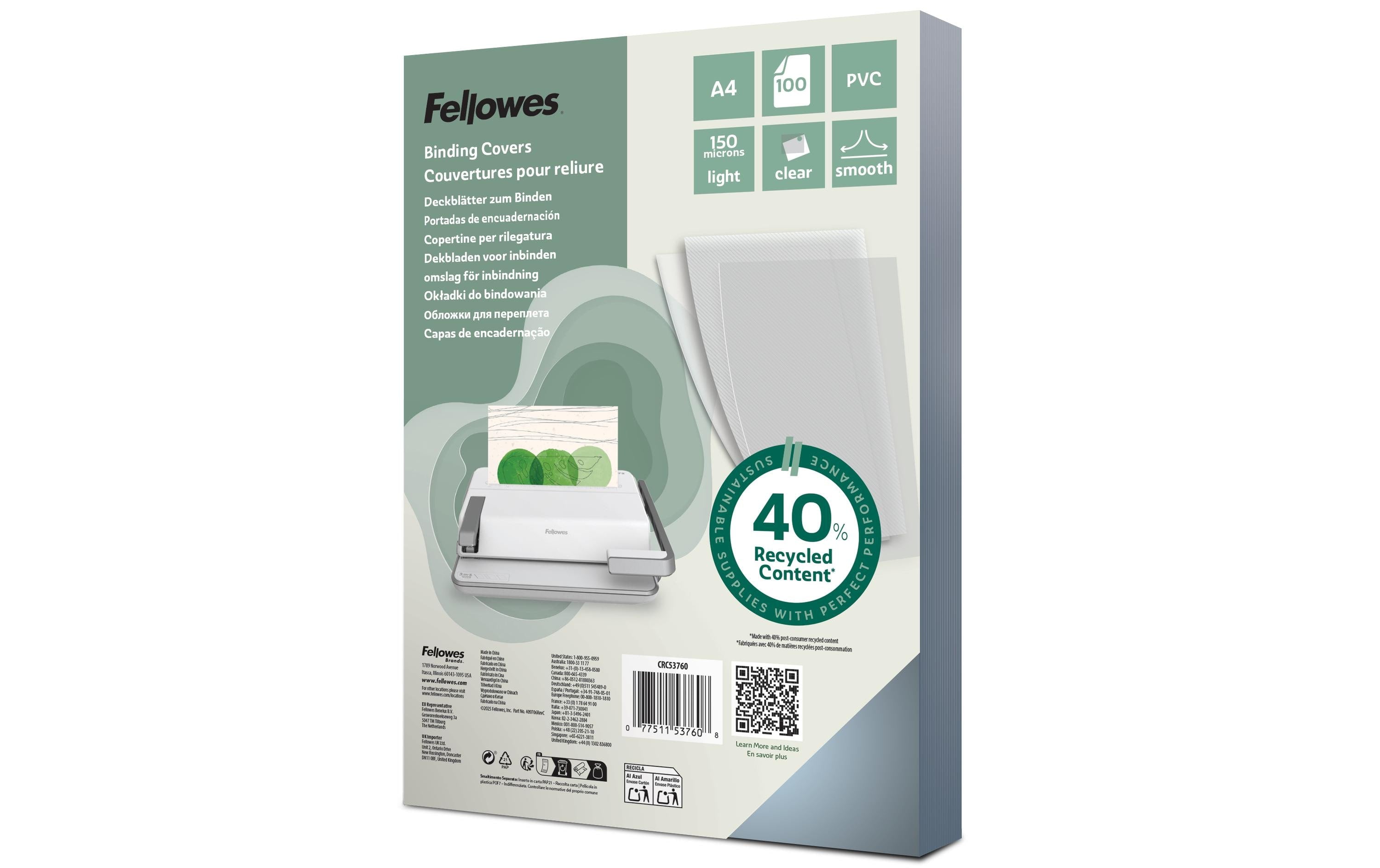 Fellowes Deckblatt Transparent,150 Micron 100 Stk., A4, recylteltem PVC