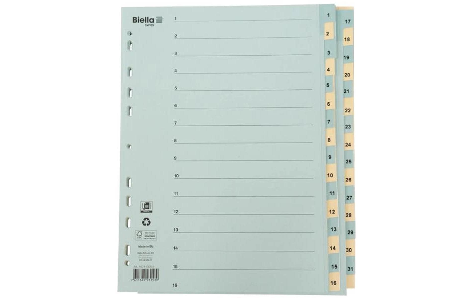 Biella Register Karton A4 1-31, 4Loch blau,gelb 1 Stück