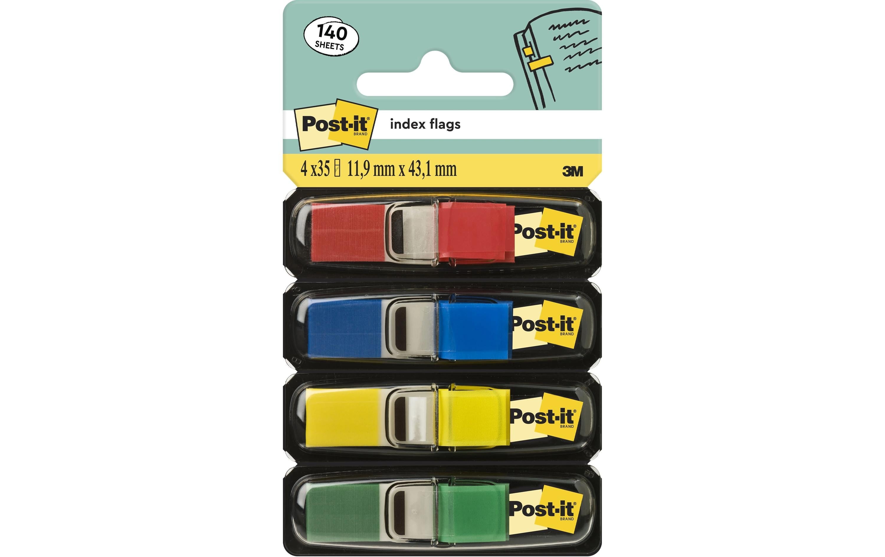 3M Post-it Index schmal, 4x35 Tabs blau, gelb, grün, rot