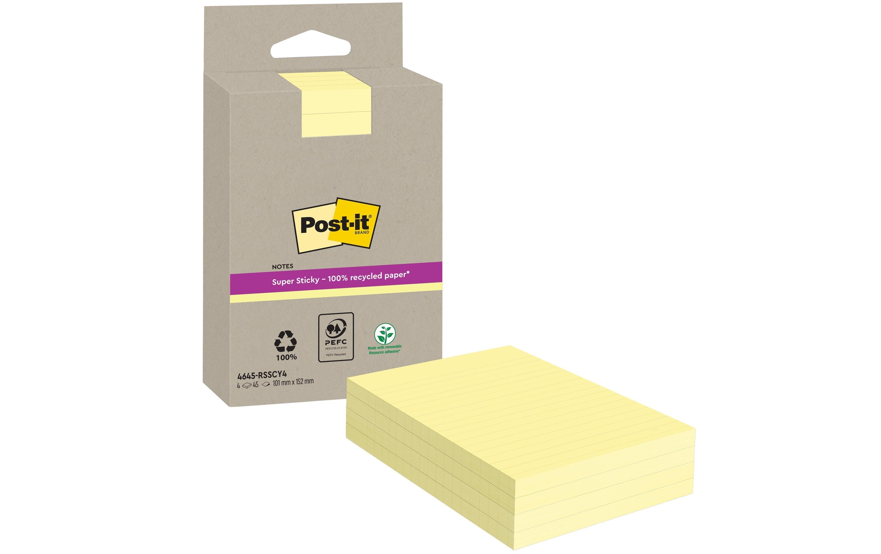 3M Post-it Recycling Notes gelb liniert 4 Blöcke à 45 Blatt , 102 x 152 mm
