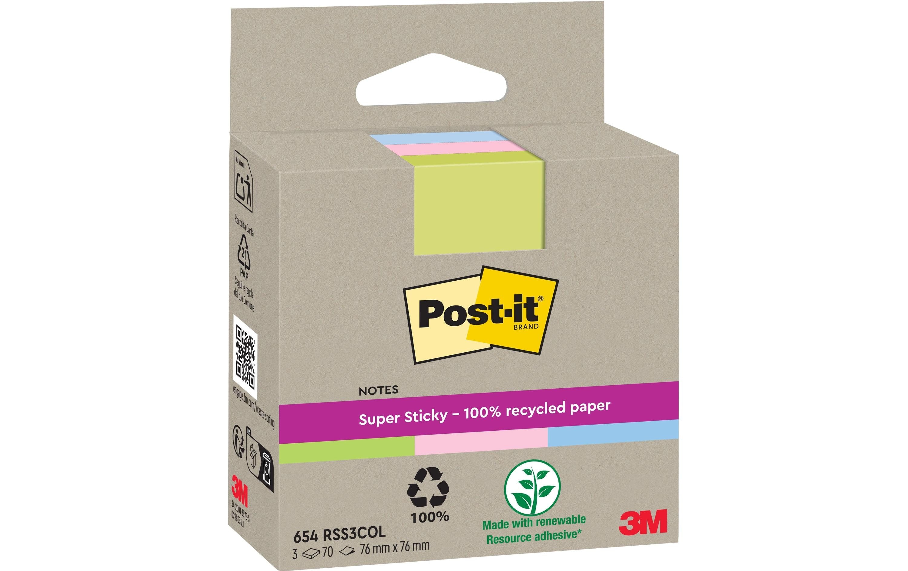 3M Post-it Recycling Notes 3 Farben 3 Blöcke à 70 Blatt , 76 x 76 mm