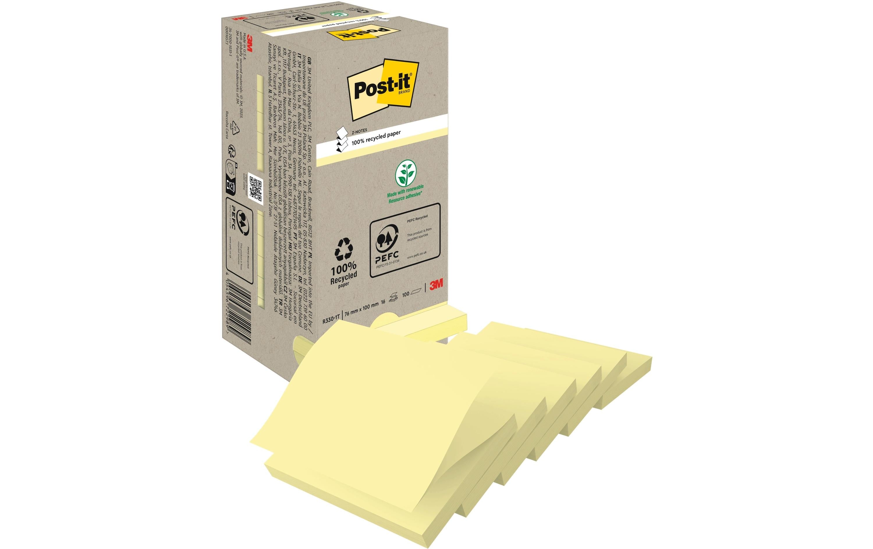 3M Post-it Recycling Notes Turm,Z-Notes 16 Block à 100 Blatt, 76x76mm, gelb