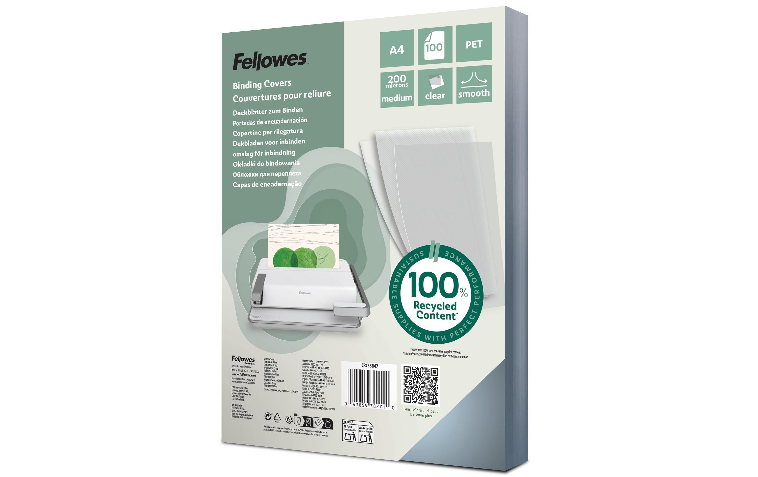Fellowes Deckblatt Transparent,200 Micron 100 Stk., A4, recylkeltem PET