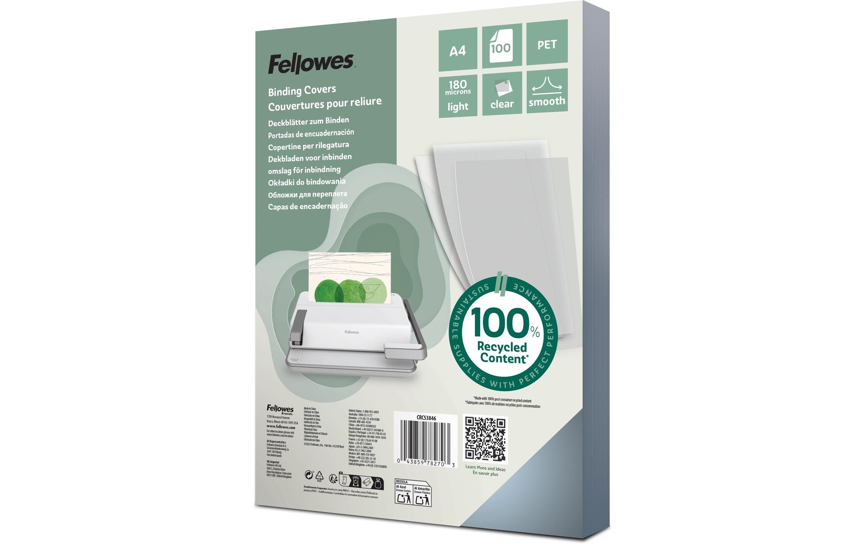 Fellowes Deckblatt Transparent,180 Micron 100 Stk., A4, recylkeltem PET