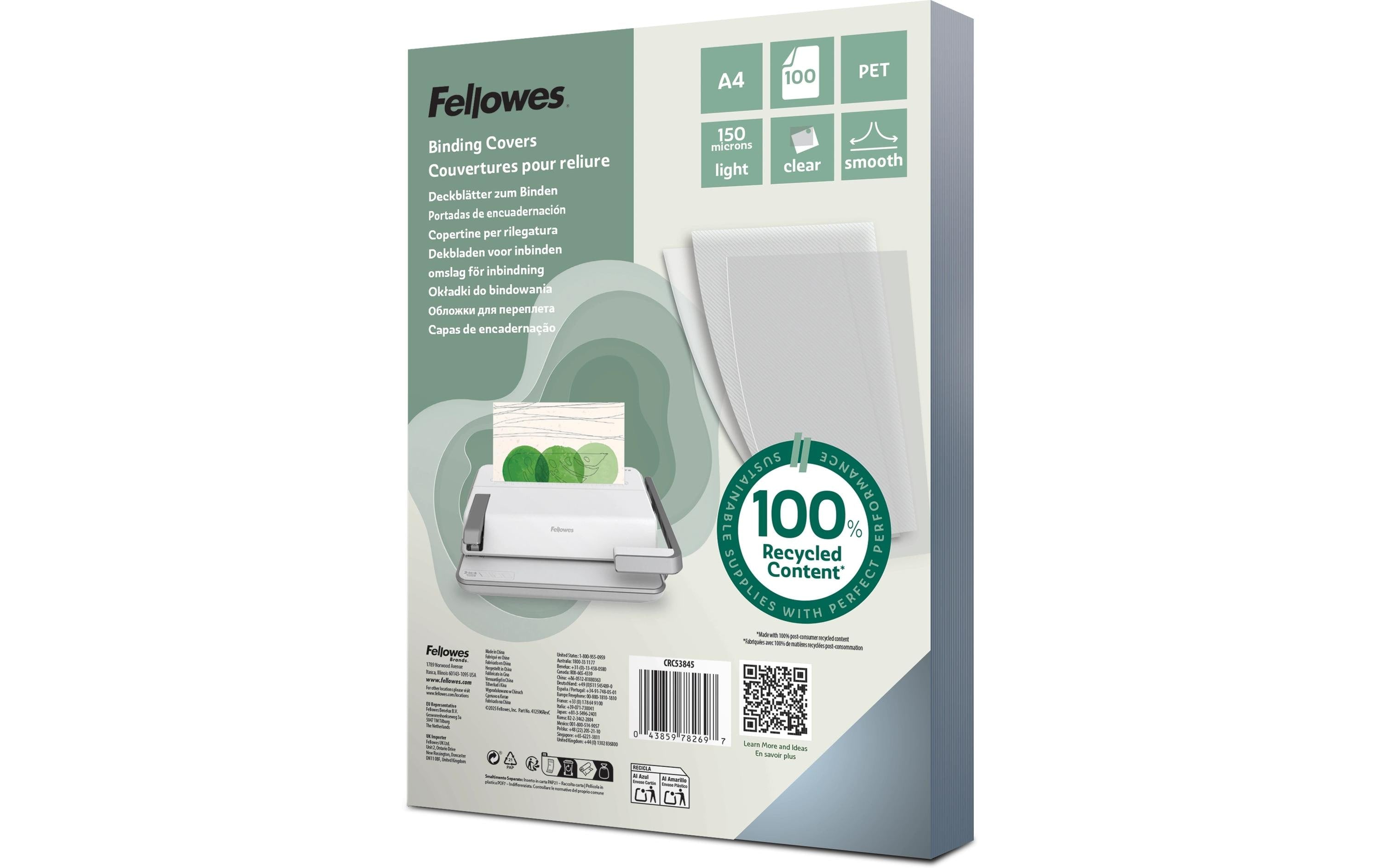 Fellowes Deckblatt Transparent,150 Micron 100 Stk., A4, recylkeltem PET