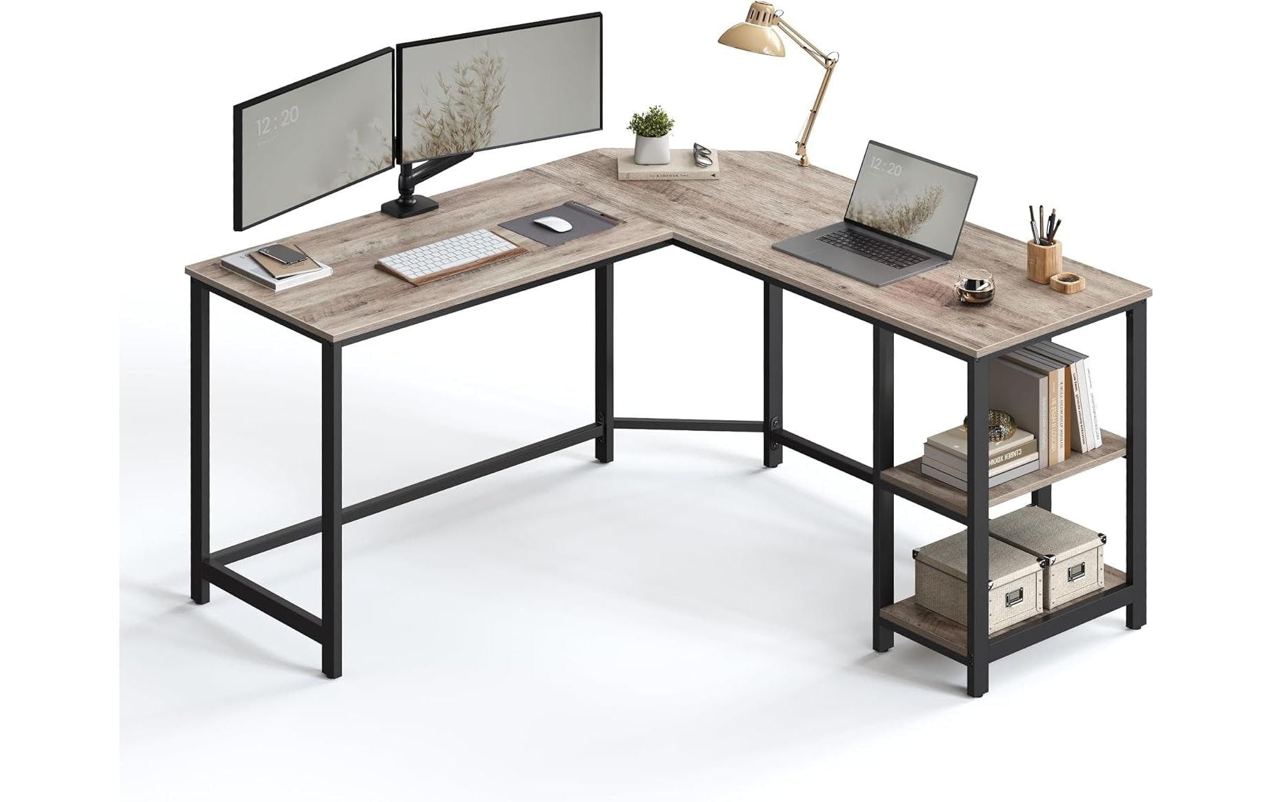 Vasagle Bürotisch grau-schwarz Ecktisch 138x138cm, 2 Regalfächer