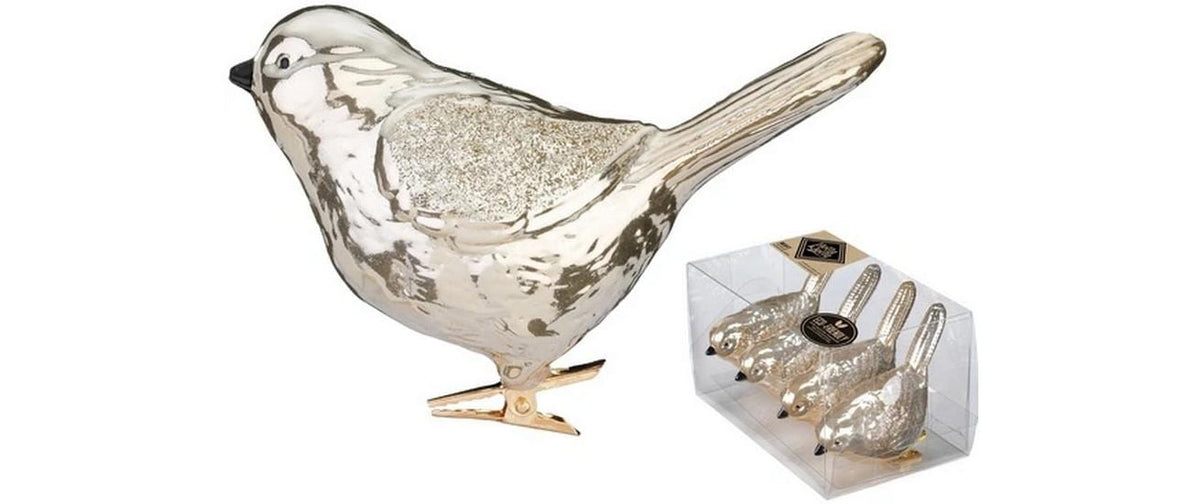 H&J Weihnachtskugel Vogel Creamy Gold 4 Stück, 8 cm, Kunststoff