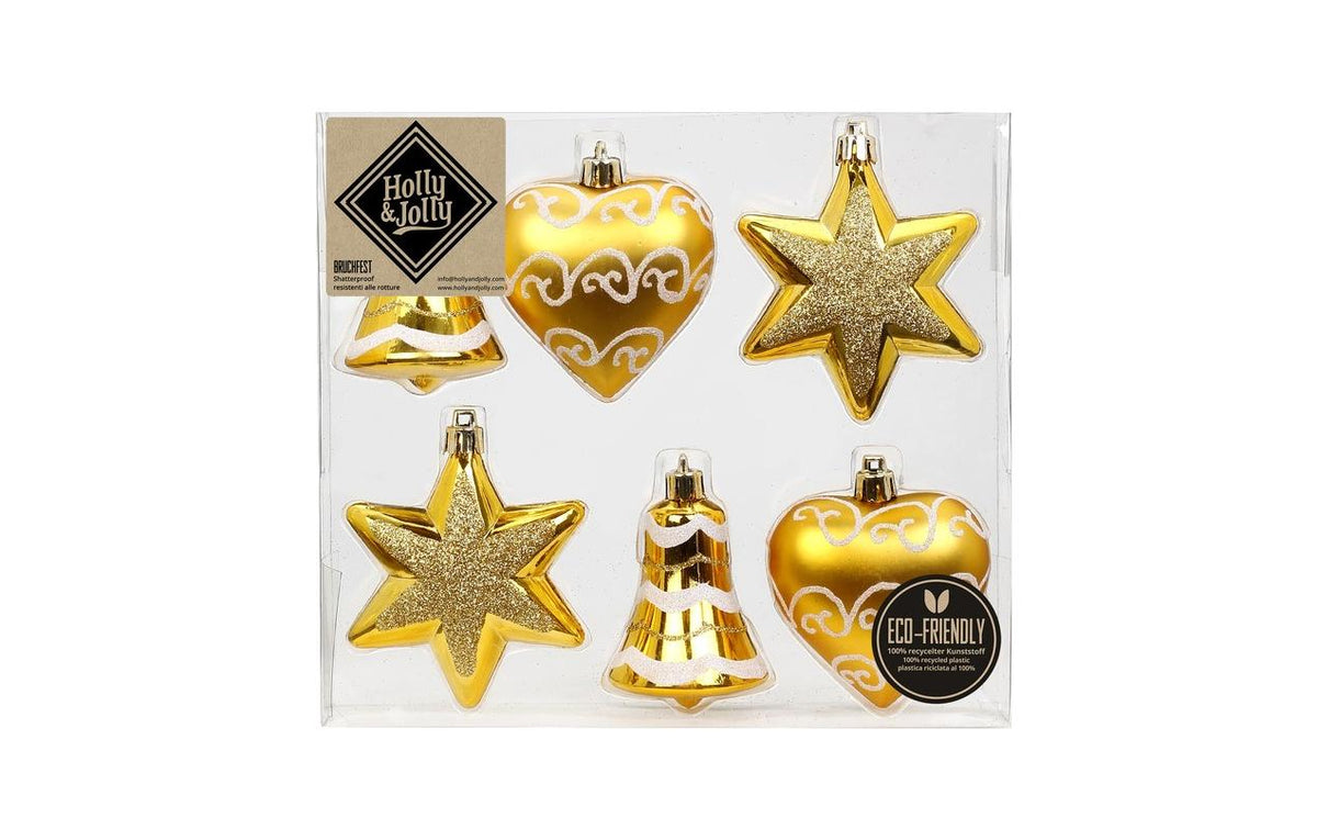 H&J Weihnachtskugeln Royal Gold, 6 Stk. verschiedene Formen, 8 cm, Kunststoff