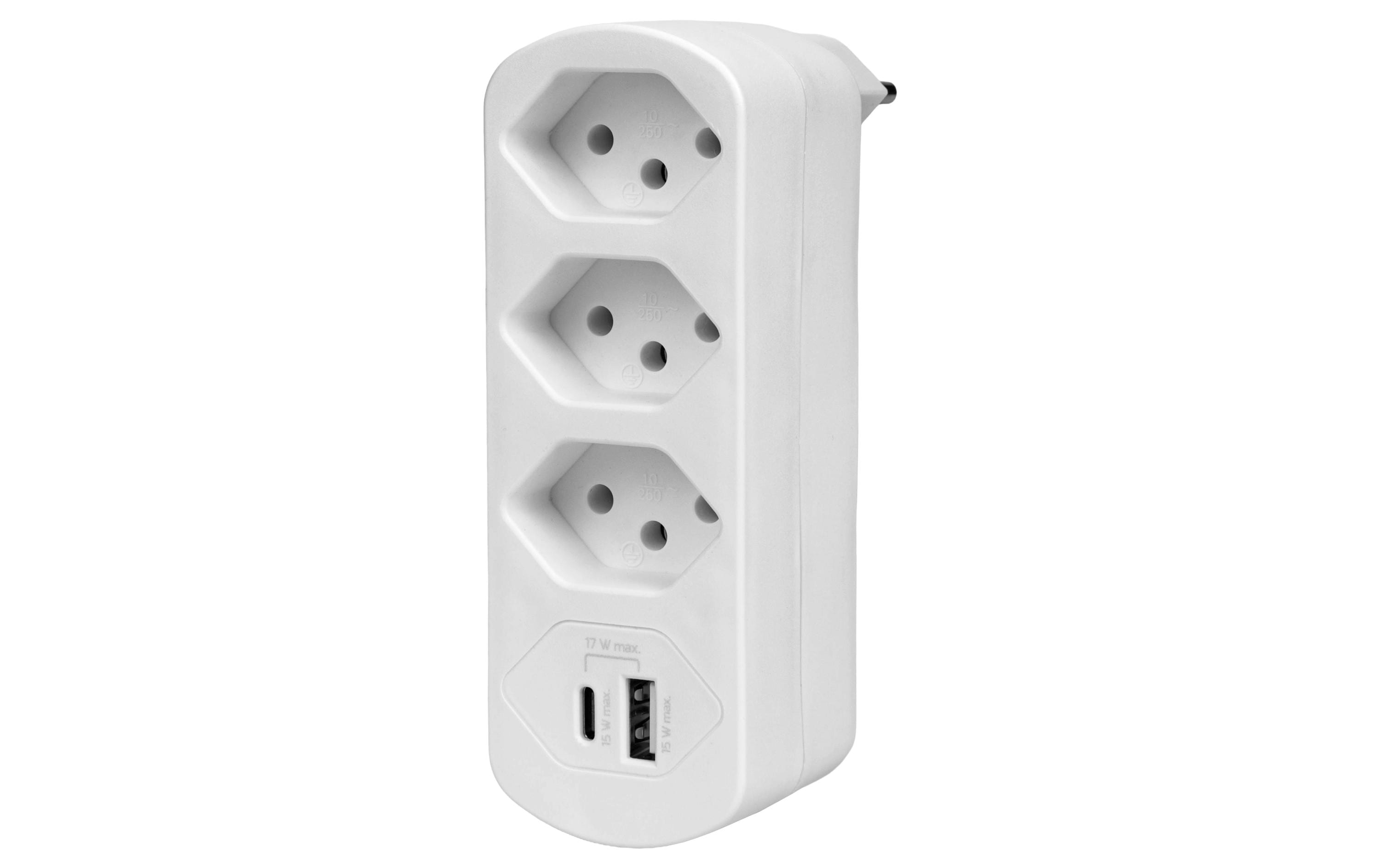 F.power Mehrfachadapter Flexo 3xT13 USB 3xT13 USB-A USB-C, Max 17W, drehbar, weiss