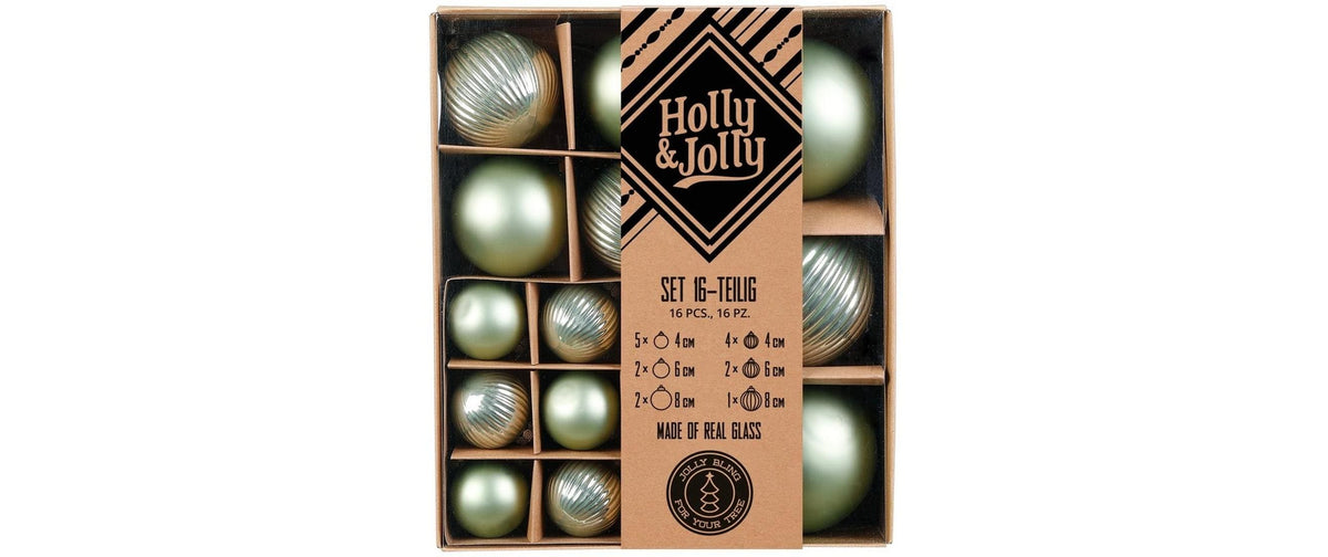 H&J Weihnachtskugel Mild Sage Struktur 16 Stück, Glas, 4, 6 und 8 cm