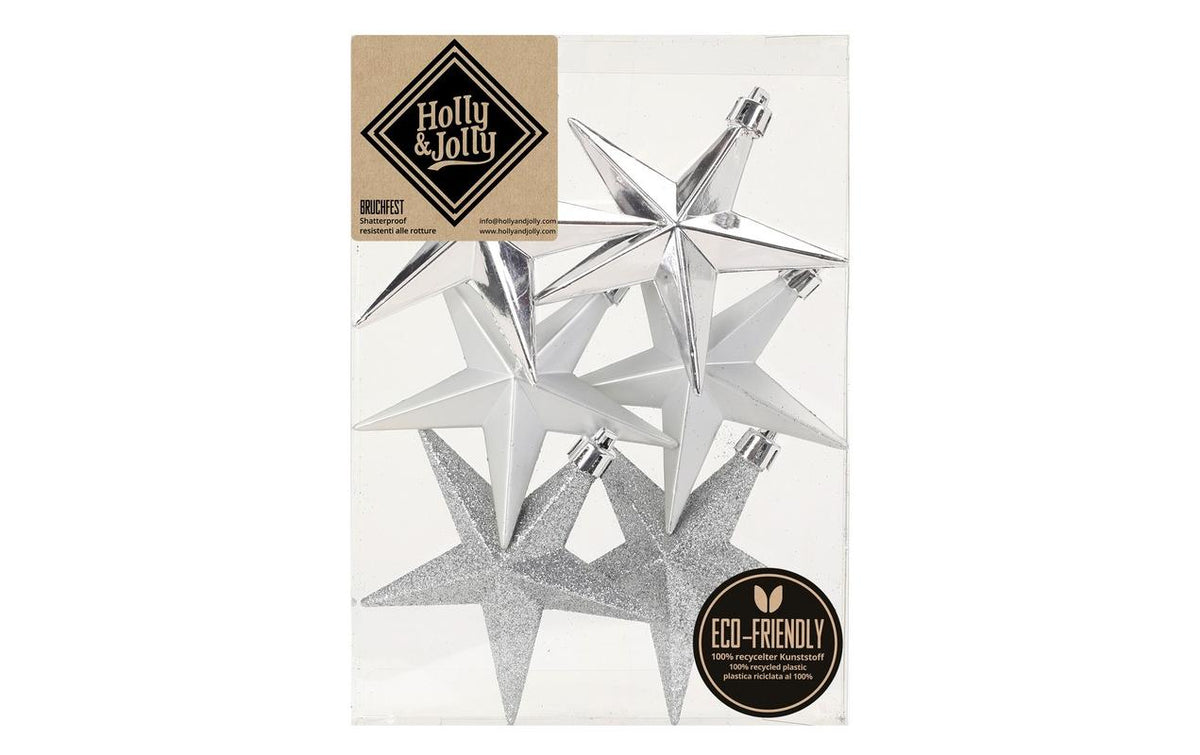 H&J  Weihnachtskugel Stern, silber, 6 Stk. Kunststoff, H: 10 cm