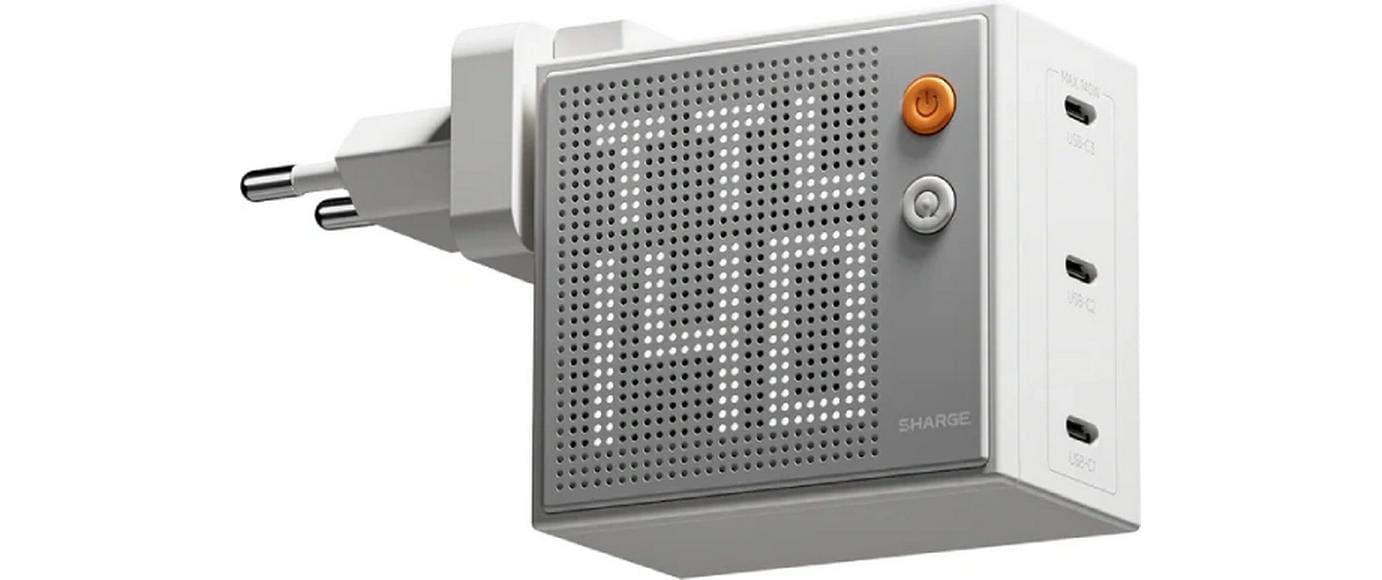 Sharge Ladegerät PIXEL 140, 140W, weiss 3x USB-C, PD3.1, GaN, Punktmatrix-Display