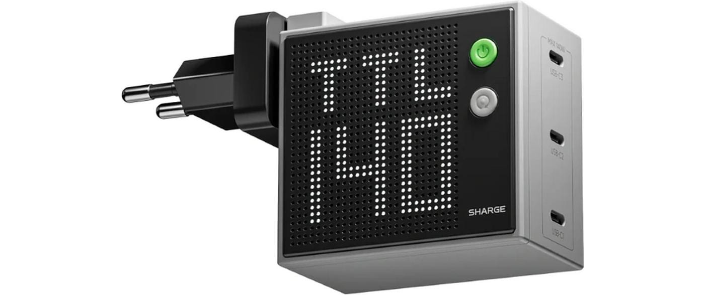 Sharge Ladegerät PIXEL 140, 140W, grau 3x USB-C, PD3.1, GaN, Punktmatrix-Display