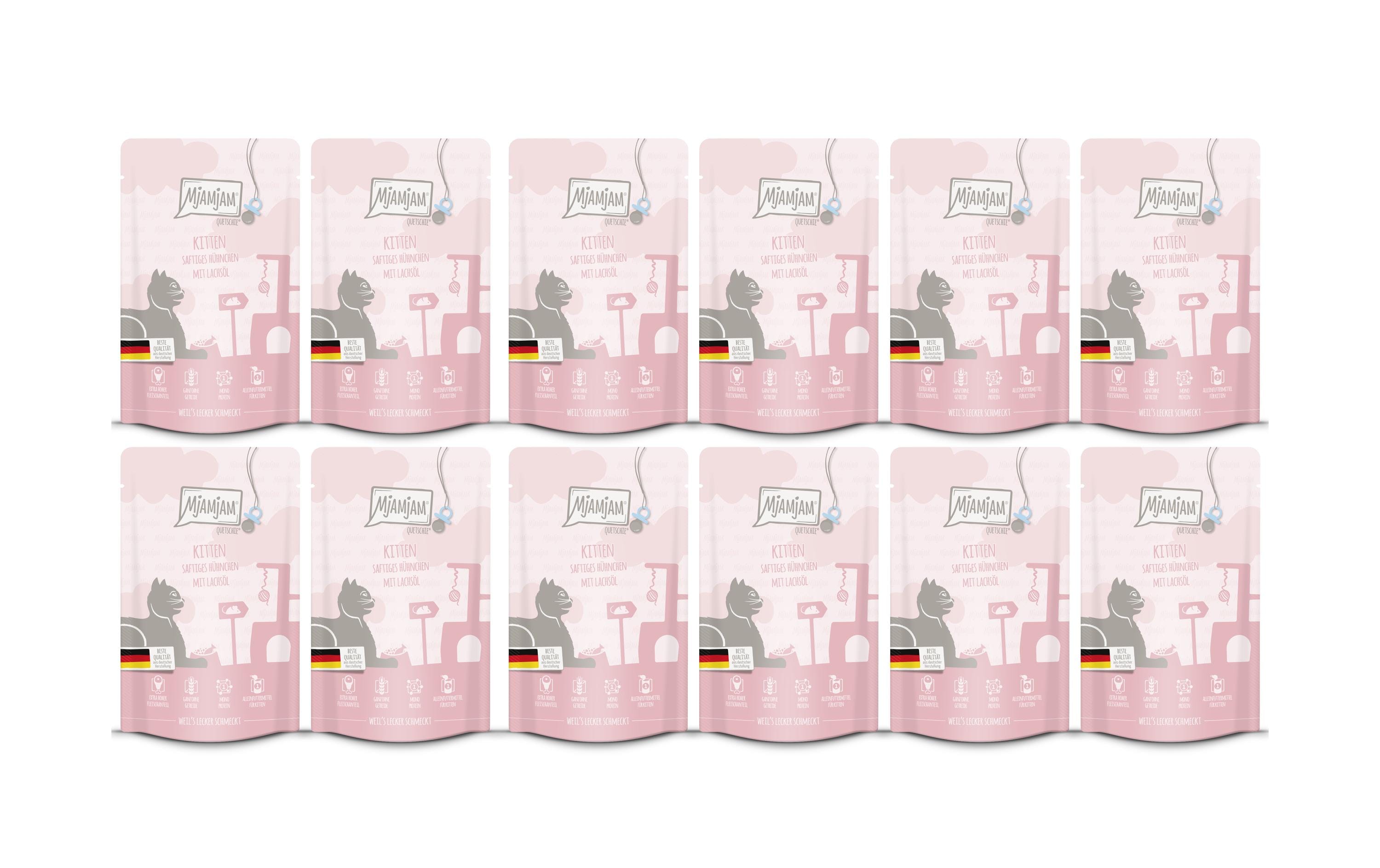 Mjamjam Cat Quetschie leckere Mahlzeit KIT Kitten Huhn mit Lachsöl 12x125g