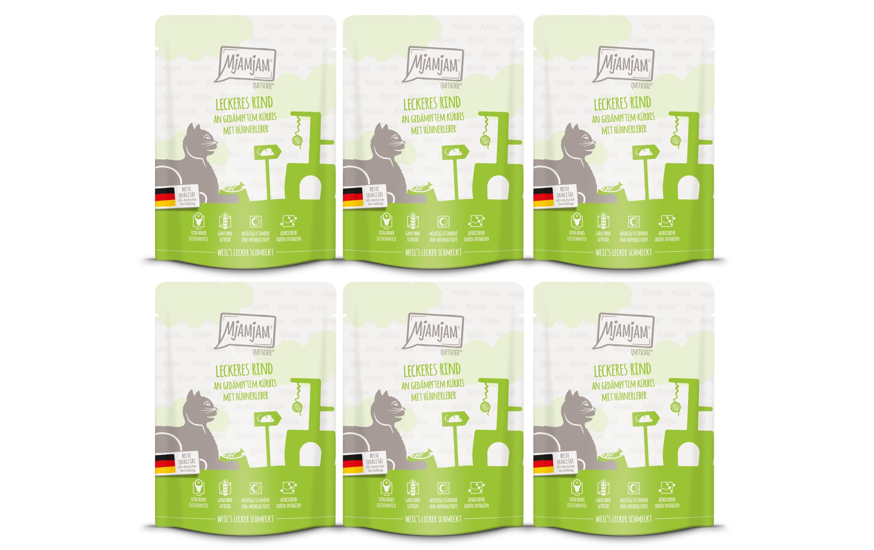 Mjamjam Cat Quetschie leckere Mahlzeit KIT Rind & Kürbis 6x300g