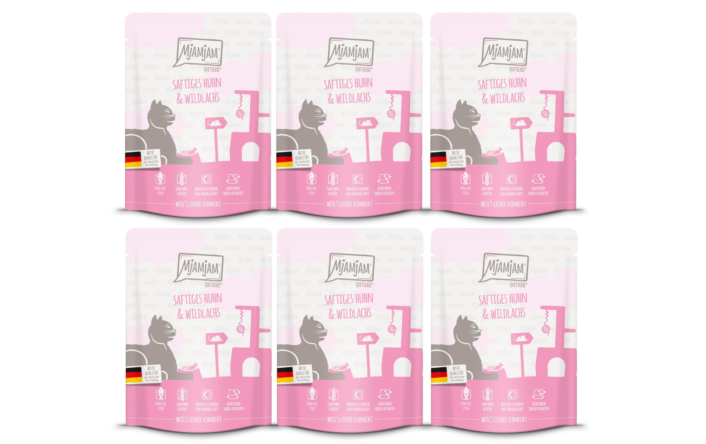 Mjamjam Cat Quetschie leckere Mahlzeit KIT Huhn & Wildlachs 6x300g