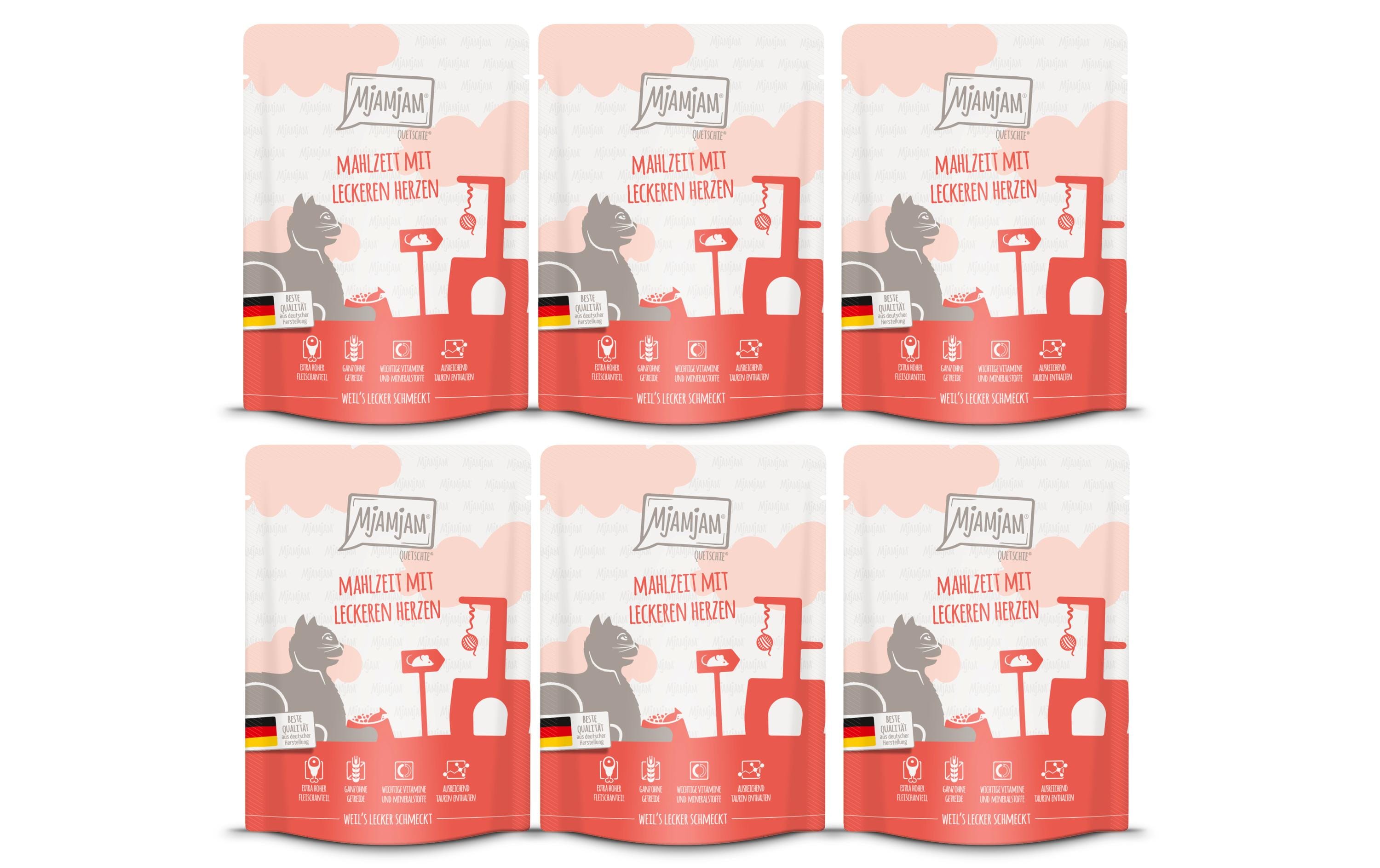 Mjamjam Cat Quetschie leckere Mahlzeit KIT Mahlzeit mit Herzen 6x300g
