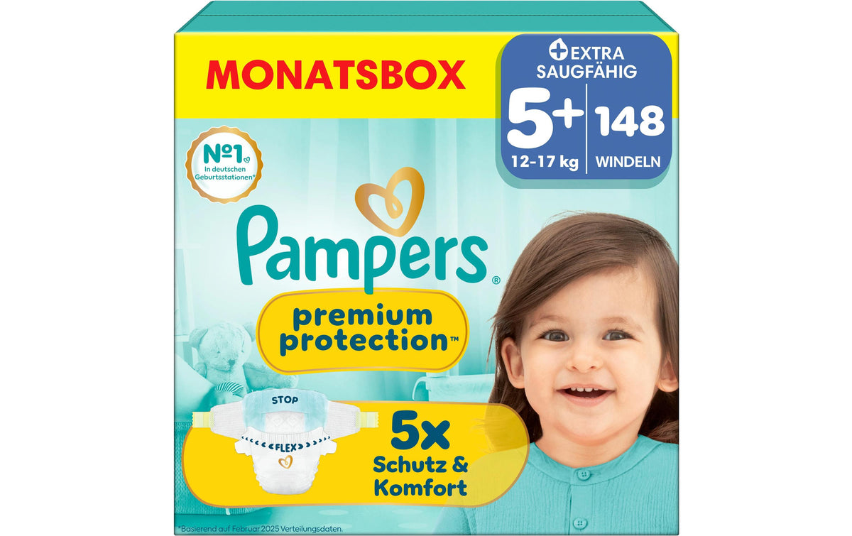Pampers Premium Protection Gr.5+ Junior 12-17kg MonatsBox / 148 Stück