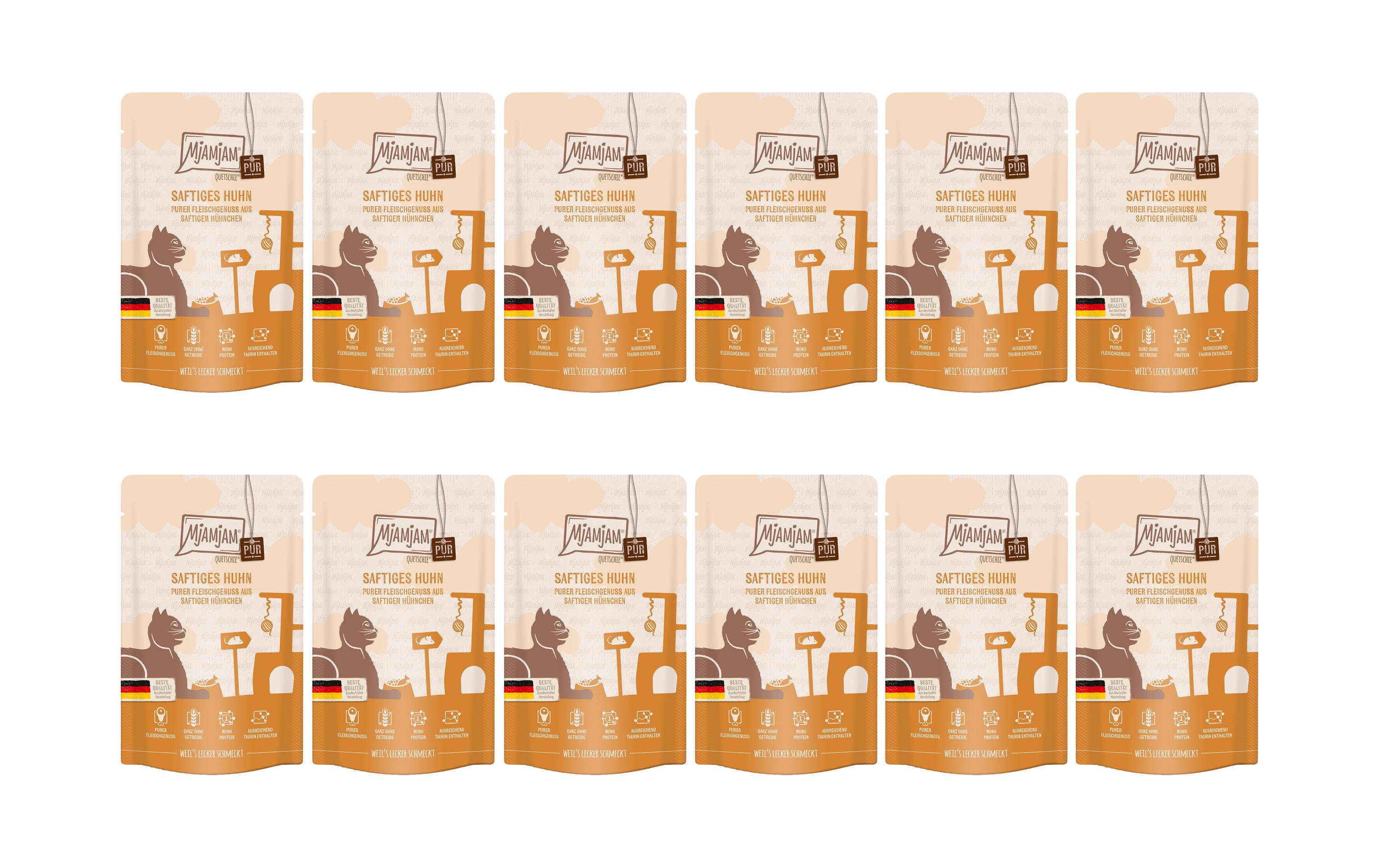Mjamjam Cat Quetschie pur.Fleischgen.KIT Saftiges Huhn pur 12x125g