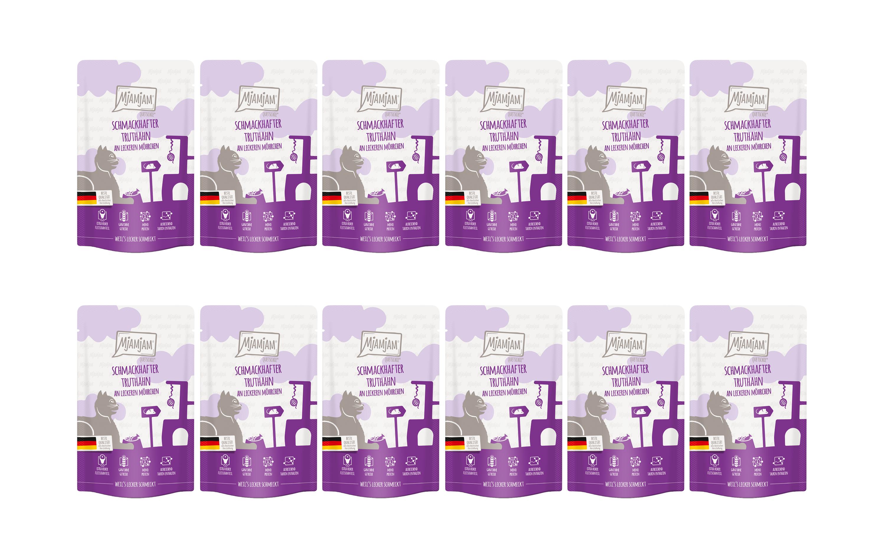 Mjamjam Cat Quetschie leckere Mahlzeit KIT Truthahn & Möhrchen 12x125g