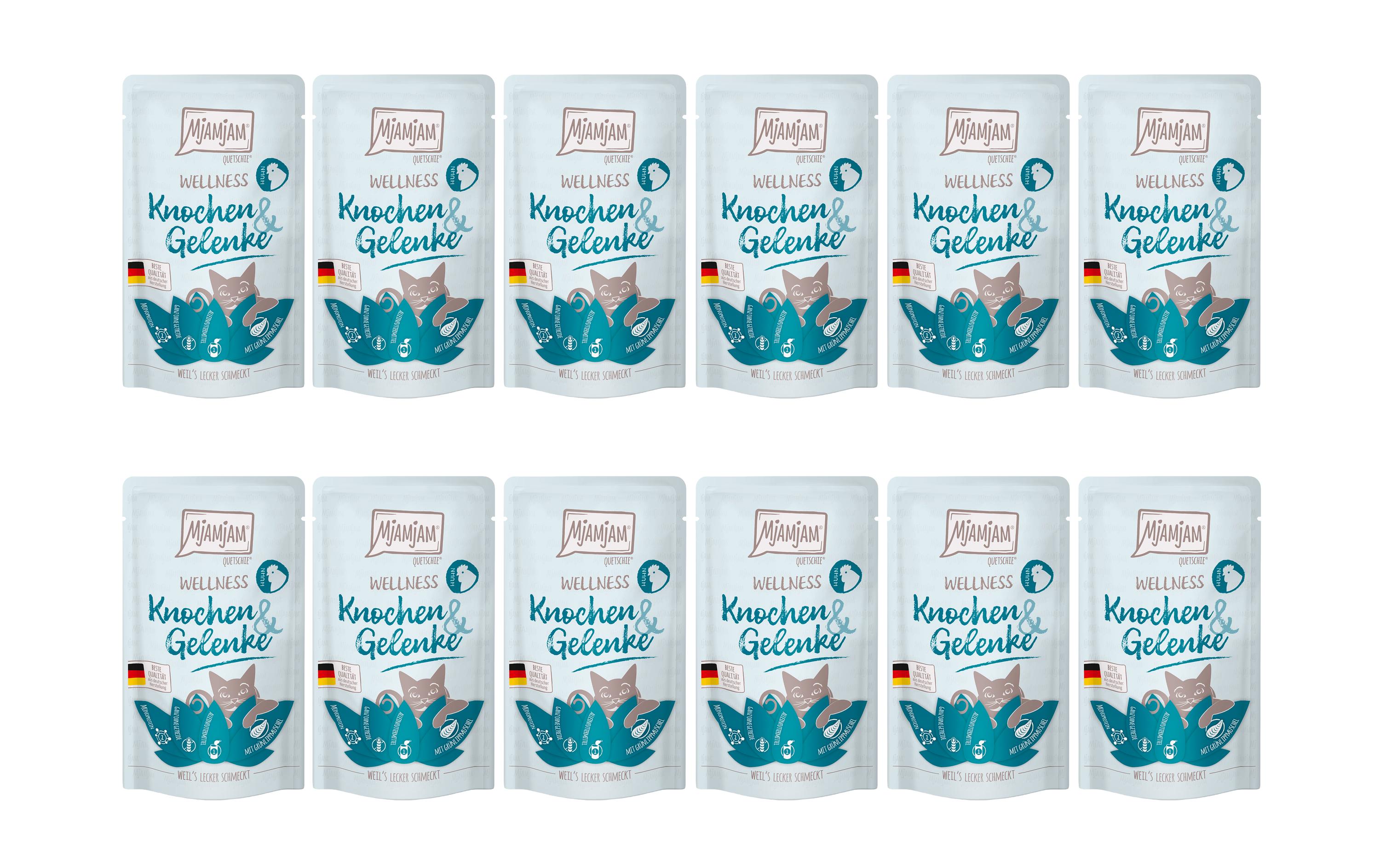 Mjamjam Cat Quetschie Wellness KIT Knochen & Gelenke Huhn 12x125g