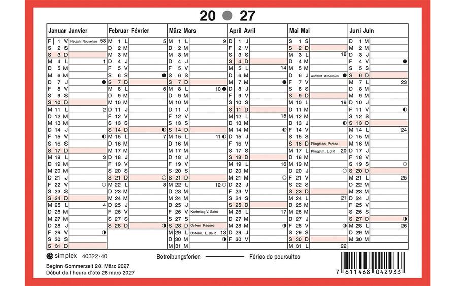 Simplex Wandkalender 2027 ohne Namenstage A6 Querformat, d/f