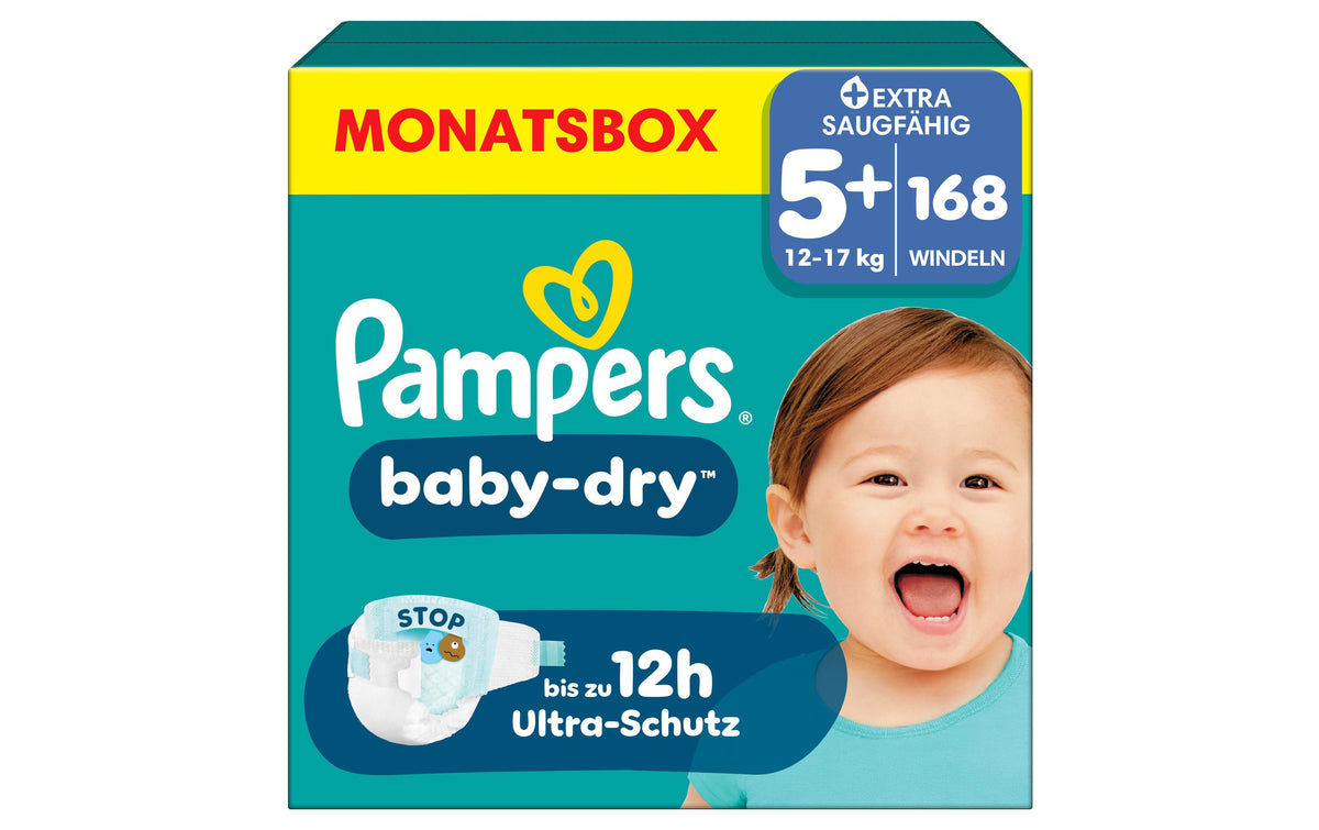 Pampers Baby Dry Gr.5+ Junior Plus 12-17kg MonatsBox / 168 Stück