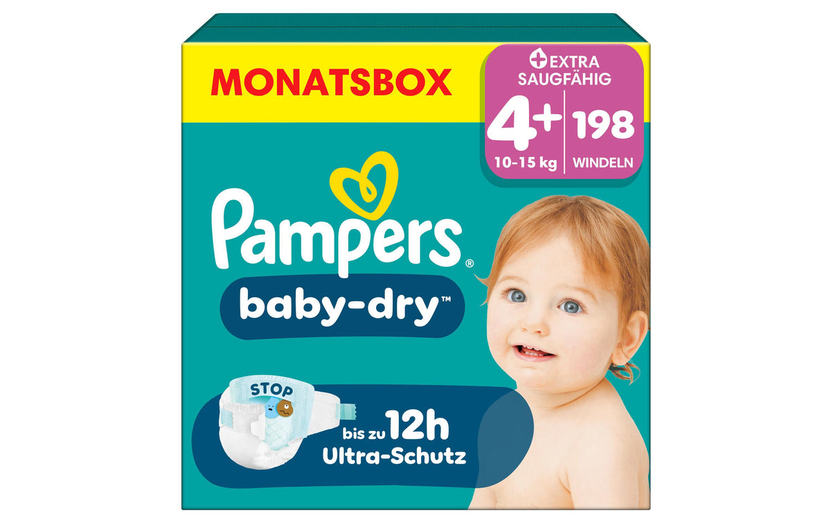 Pampers Baby Dry Gr.4+ Maxi Plus 10-15kg MonatsBox / 198 Stück