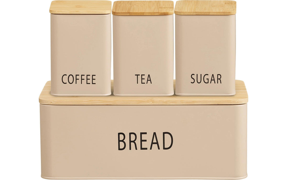 House Nordic Brotkasten-Set 4-teilig, Beige Metall, Bambus, 10/18x10/33x13/13.5 cm