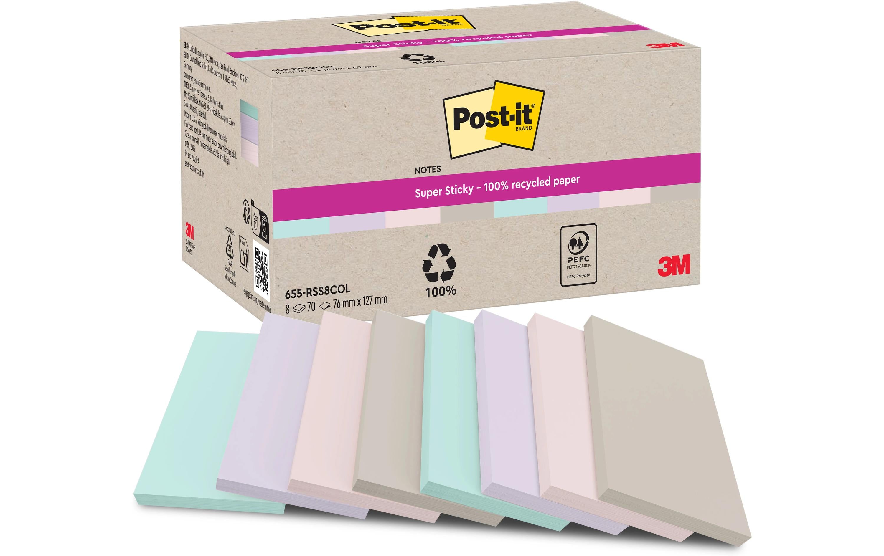 3M Post-it Super Sticky Recycling Notes 8 Blöcke à 70 Blatt, 127x76mmm, div. Farben