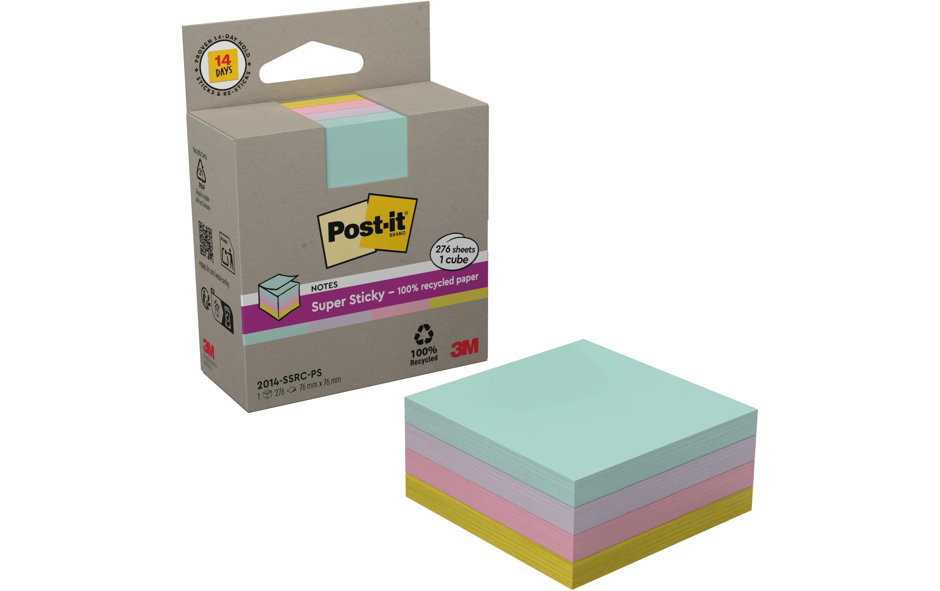 3M Post-it Super Sticky Recycling Notes 2 Blöcke à 276 Blatt, 76x76mm, 4 Farben