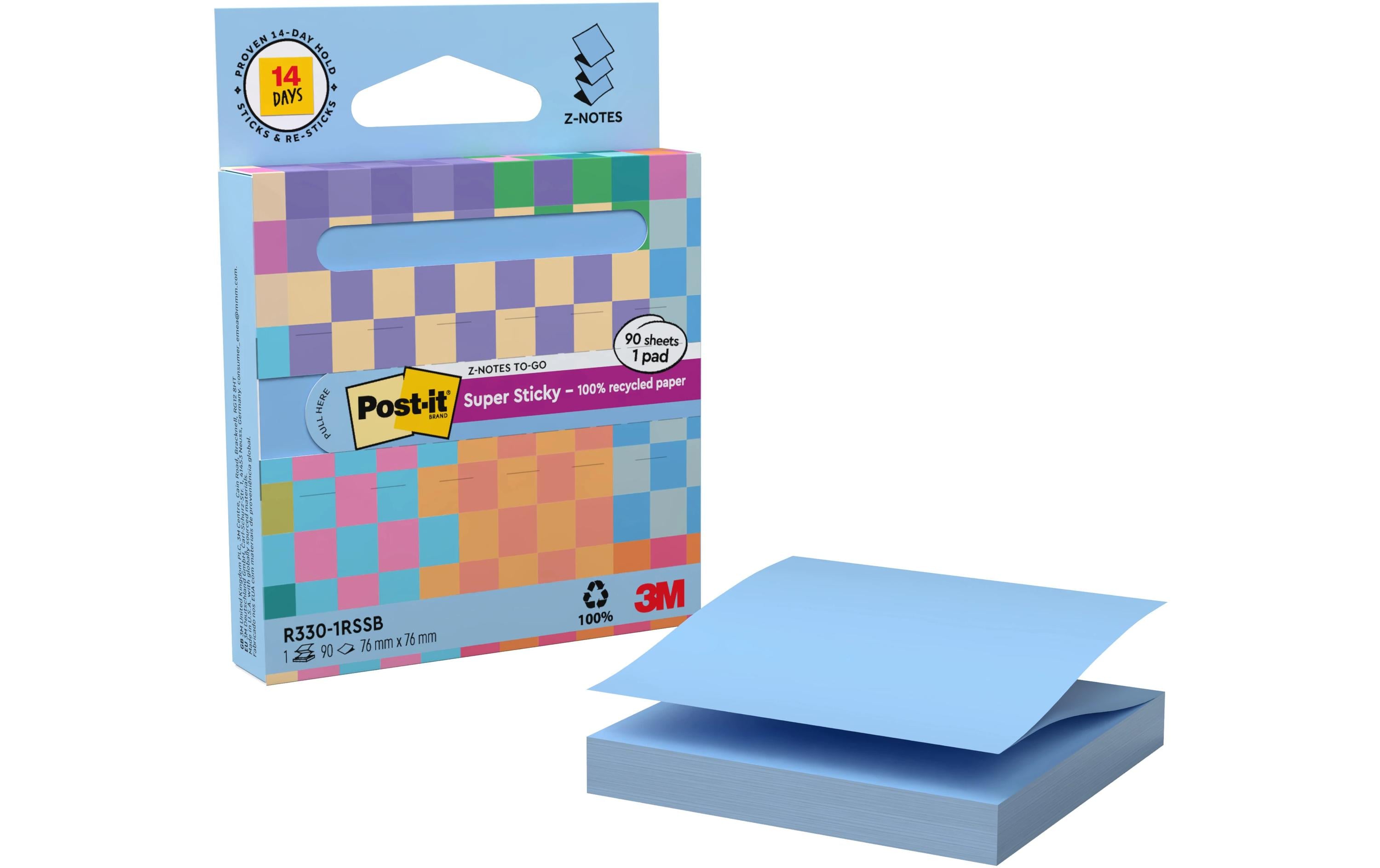 3M Post-it Super Sticky Recycling Z-Notes 1 Block à 90 Blatt, 76x76mm, pastel blau