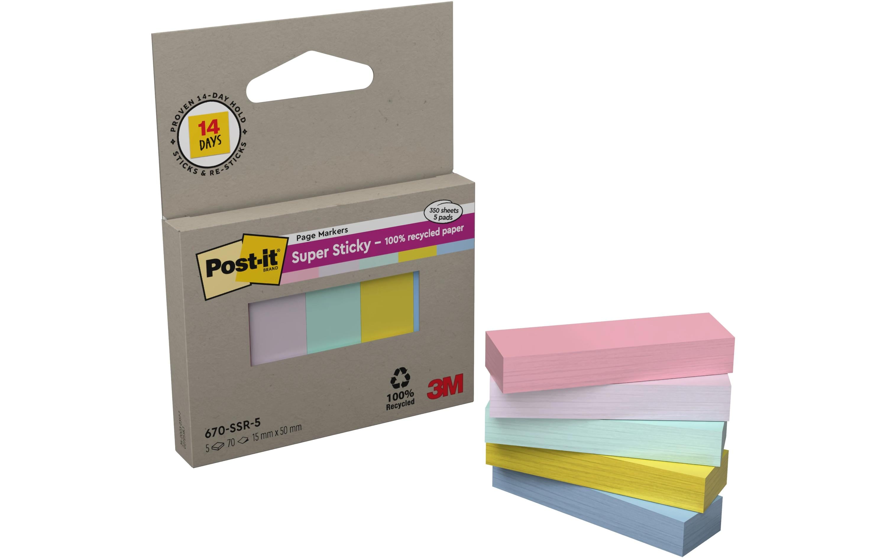 3M Post-it Index Super Sticky Recycling 5 Blöcke à 70 Blatt, 15x50mm, pastell div.