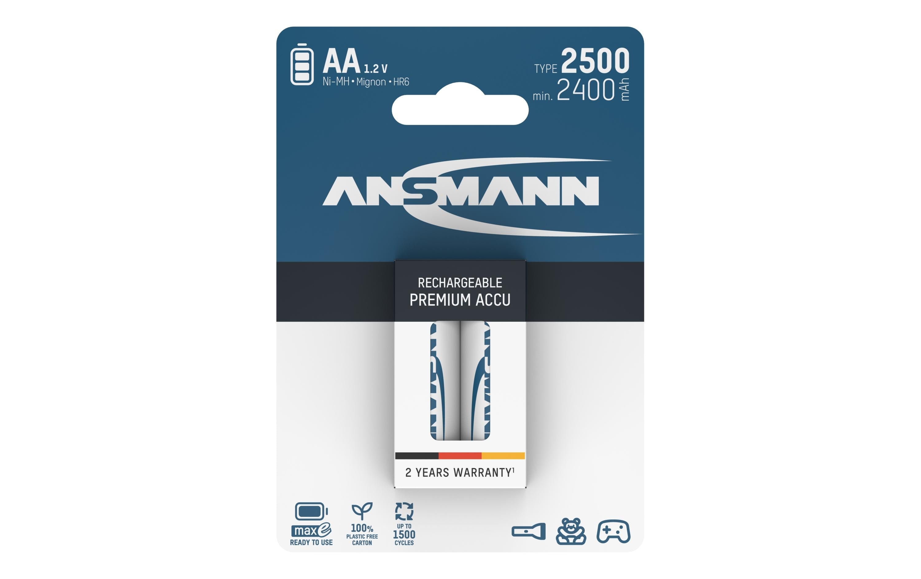 Ansmann Akku AA NIMH 2500 2er min. 2400 mAh, 1.2V, maxE Technologie, 2er
