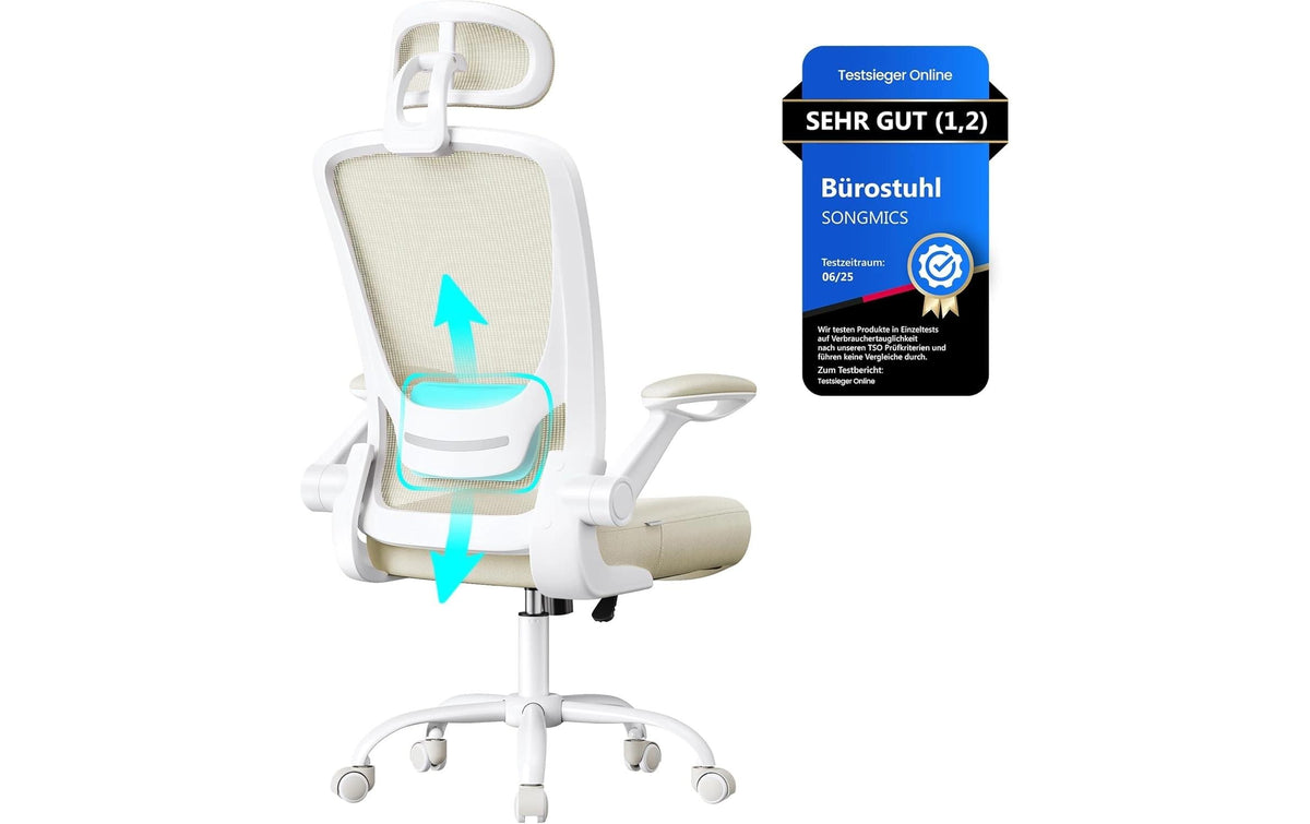 Songmics Bürostuhl cappuccino beige mit Kopfstütze und Armlehnen, bis 120kg