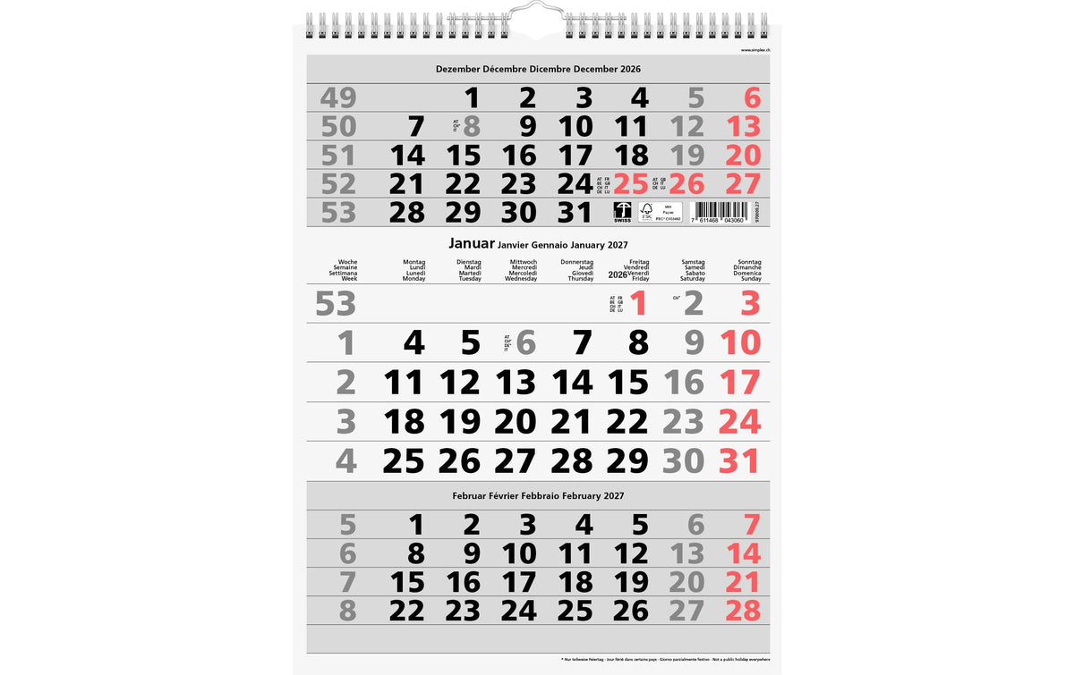 Simplex 3-Monats-Wandkalender 2027 Sonntage rot, mit Spiralbindung, 310x400mm