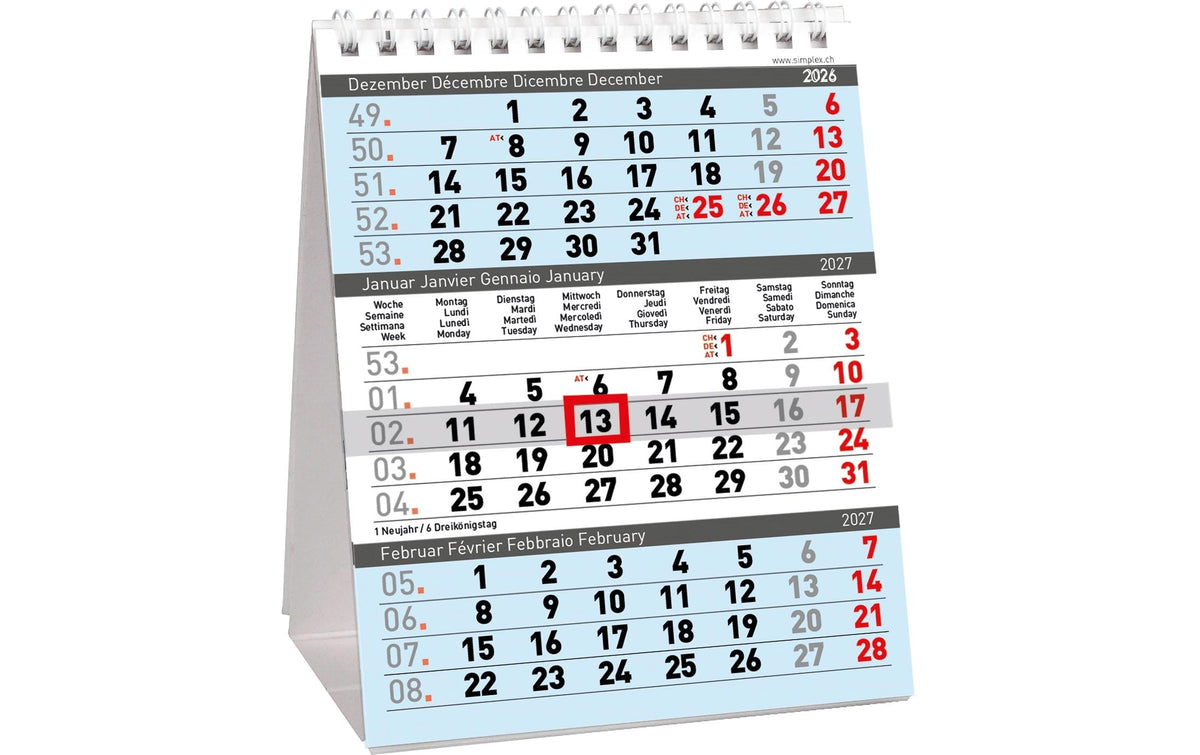 Simplex 3-Monats-Tischkalender 2027 Spiralbindung und Kartonsteller, 125x155mm