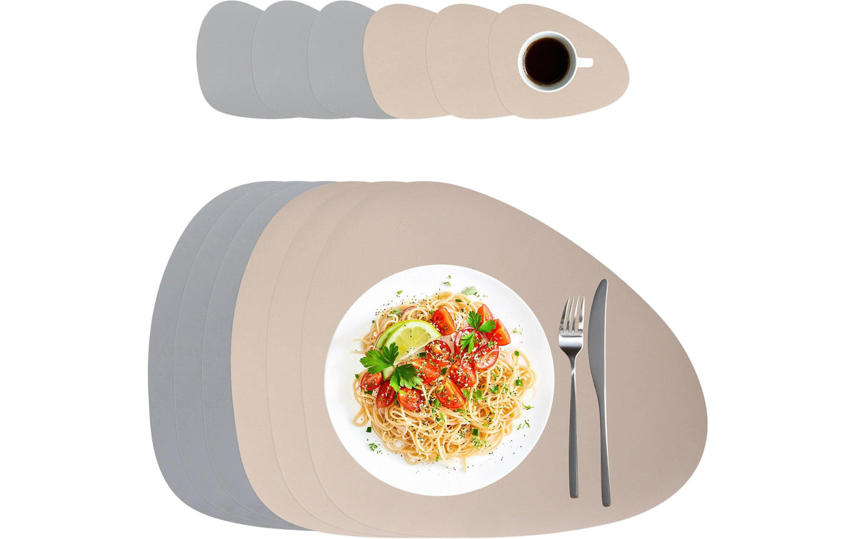 relaxdays Tischs./Unters. 12-teilig oval 6 Tischset/6 Glasuntersetzer, Grau/Beige