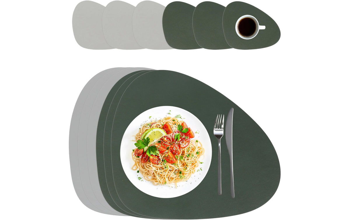 relaxdays Tischs./Unters. 12-teilig oval 6 Tischset/6 Glasuntersetzer, Grau/Grün