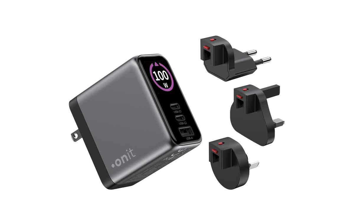onit GaN-Reiseladegerät USB 2C1A 100W TFT Display, Stecker US/EU/UK/AU