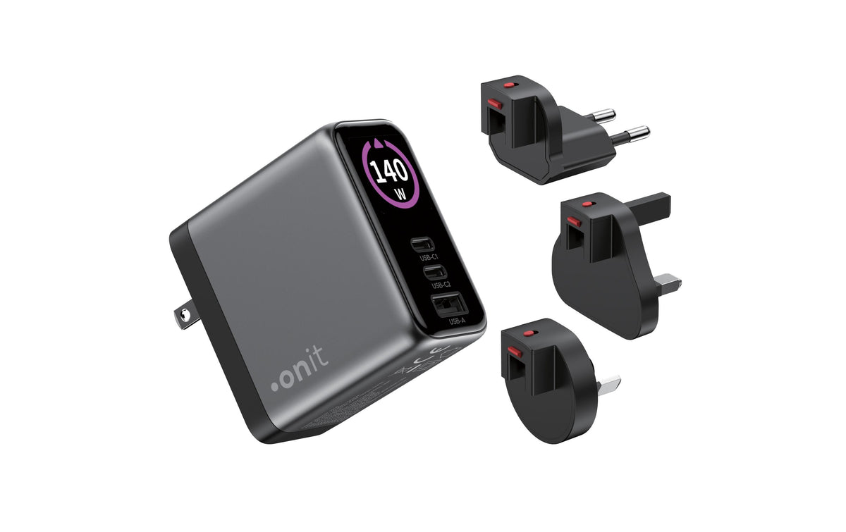 onit GaN-Reiseladegerät USB 2C1A 140W TFT Display, Stecker US/EU/UK/AU