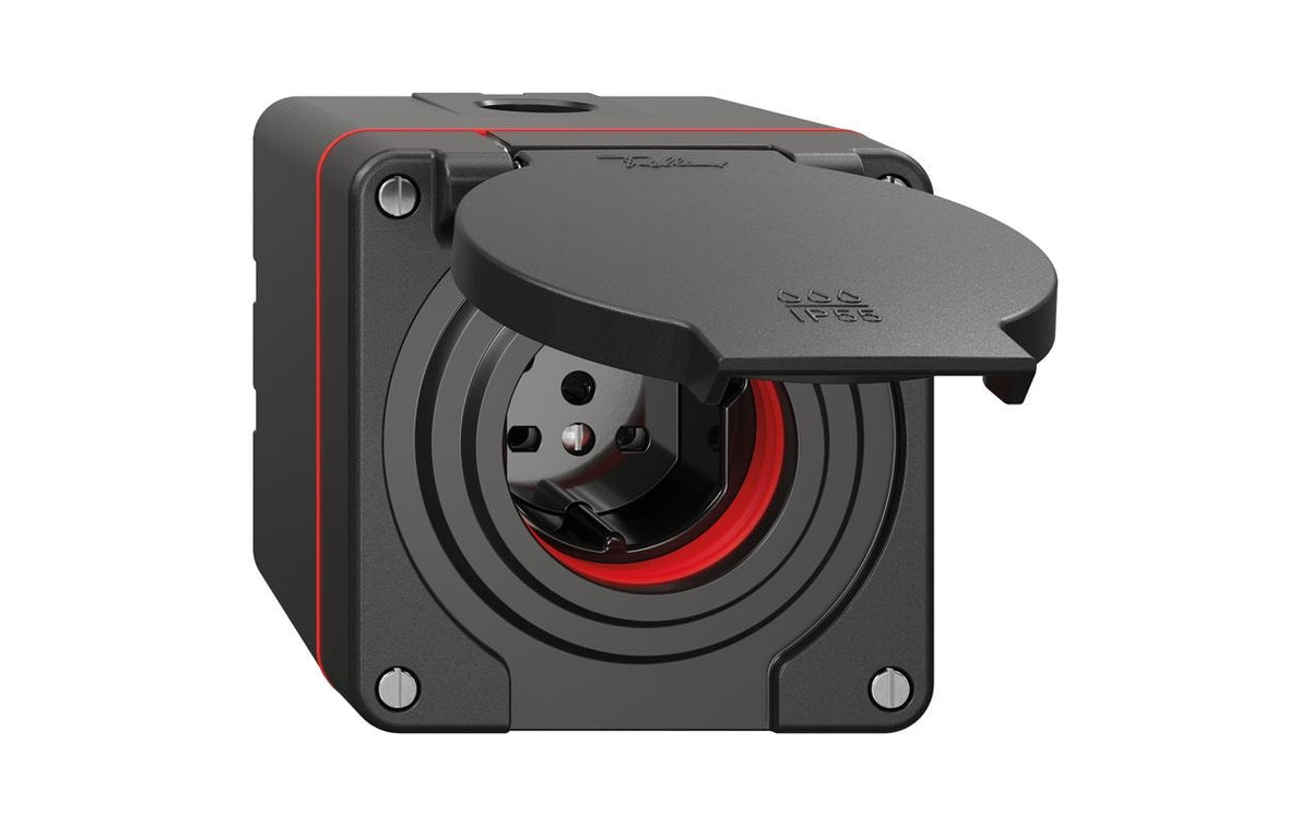 Feller NEVO AP Nass-Steckdose 1xTyp 15 10A 400V mit Steckklemm IP55 rote Dicht sz